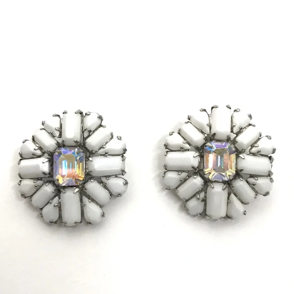 WEISS Vintage Earrings White Glass Crystal Retro